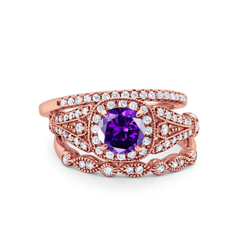 Three Piece Art Deco Bridal Wedding Ring Rose Tone, Simulated Amethyst CZ 925 Sterling Silver